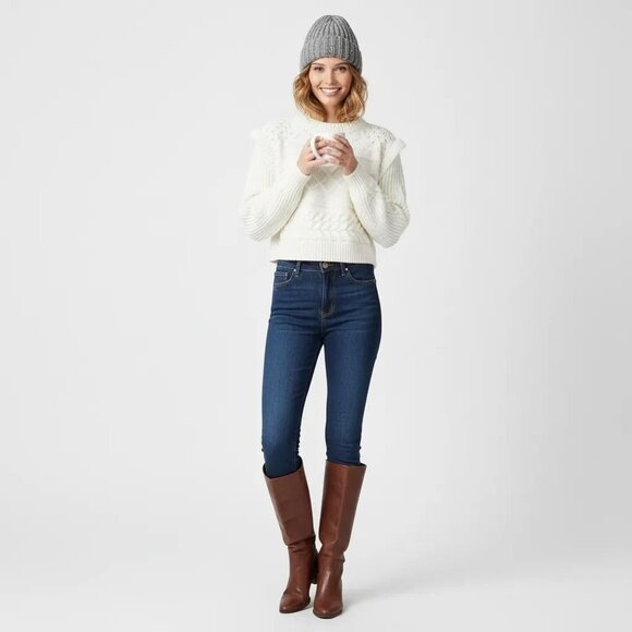 Nasty Gal Women's White Cable Knit Long Sleeve Cropped Pullover Sweater Medium - Picture 1 of 9